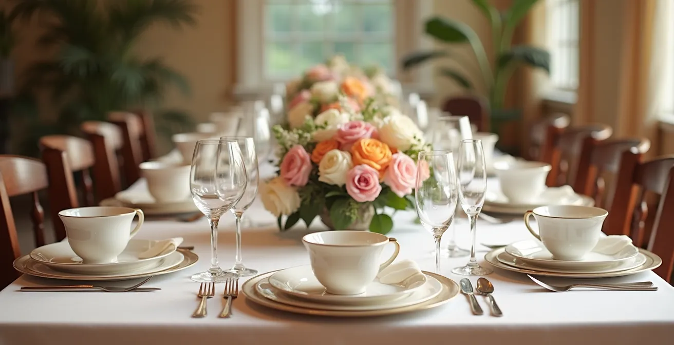 Vue d'ensemble d'une table de mariage avec harmonie des couleurs entre serviettes, vaisselle et décoration florale