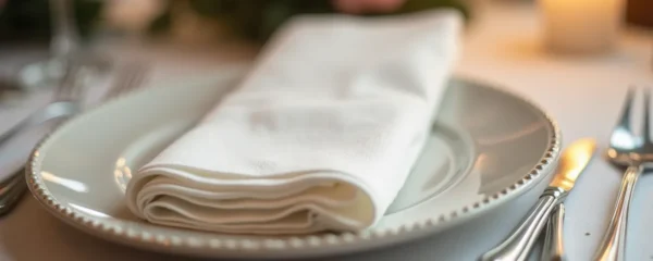Composition photographique d'une table de mariage élégante avec des serviettes en papier haut de gamme en intissé, en cadrage serré mettant en valeur la texture et la lumière