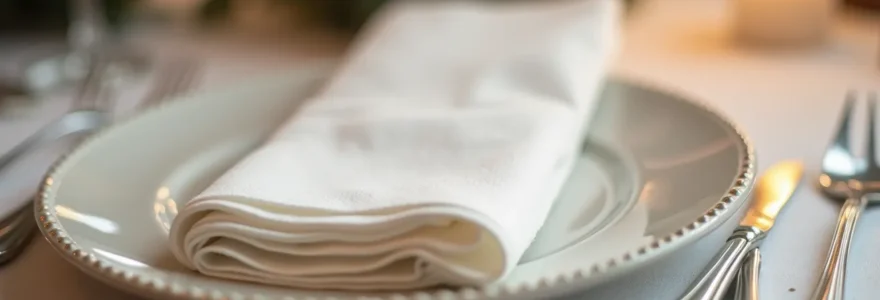 Composition photographique d'une table de mariage élégante avec des serviettes en papier haut de gamme en intissé, en cadrage serré mettant en valeur la texture et la lumière