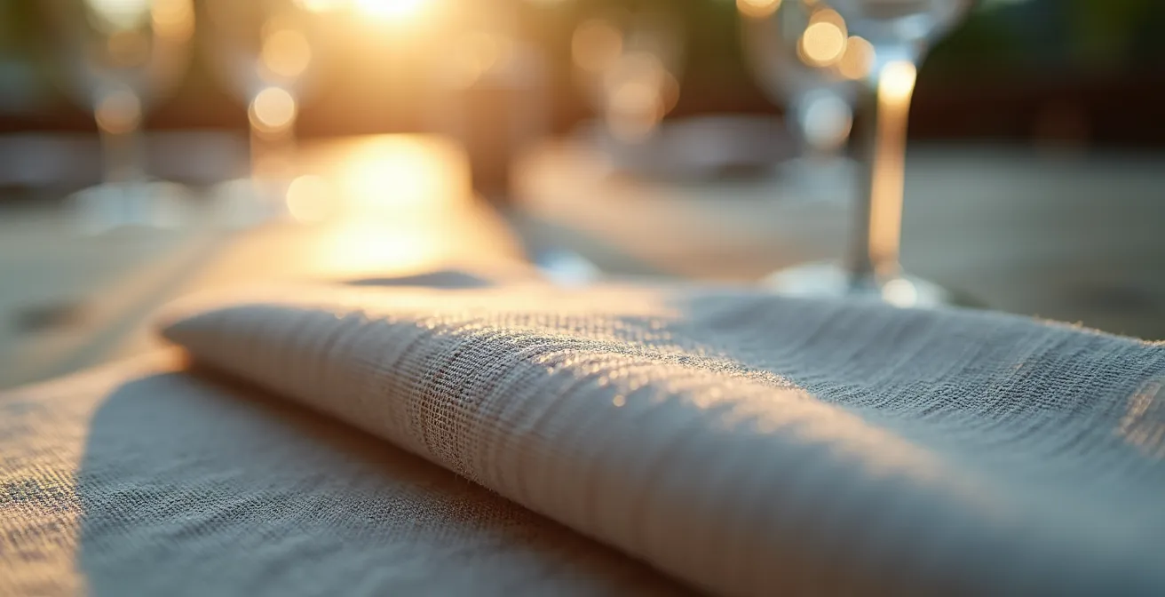 Détail artistique d'une serviette professionnelle avec jeu de lumière naturelle sur texture