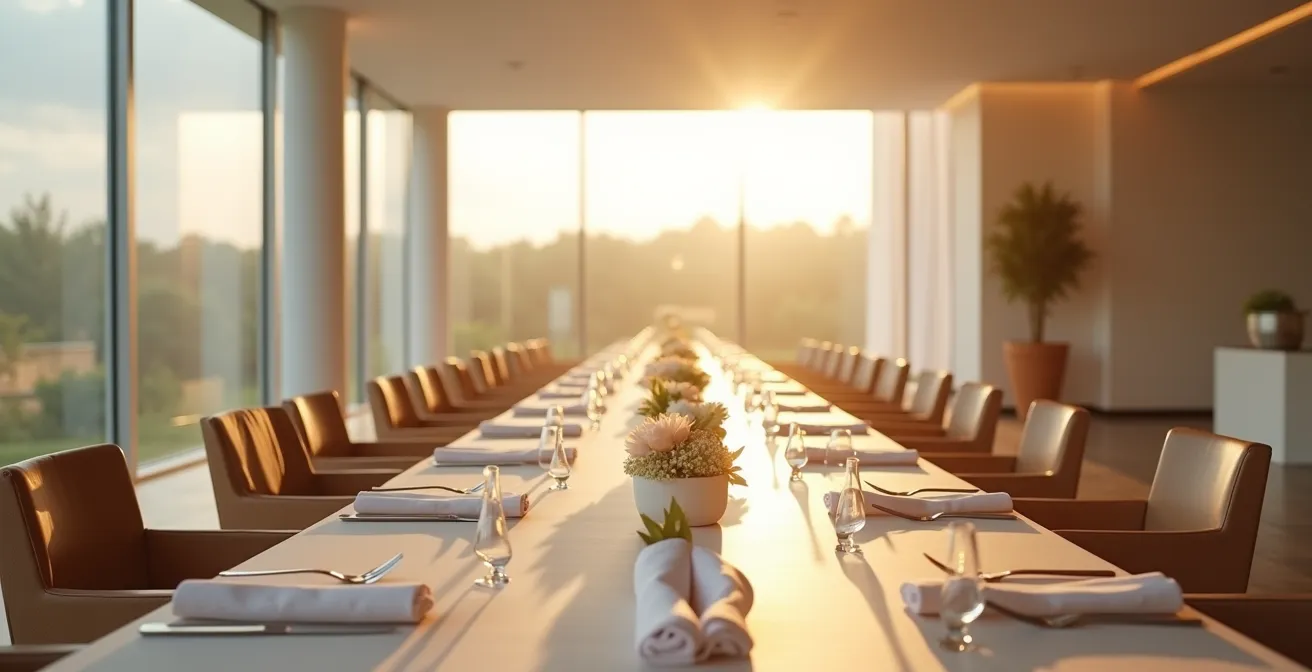 Vue d'ensemble épurée d'une salle de réception avec mise en place des serviettes professionnelles