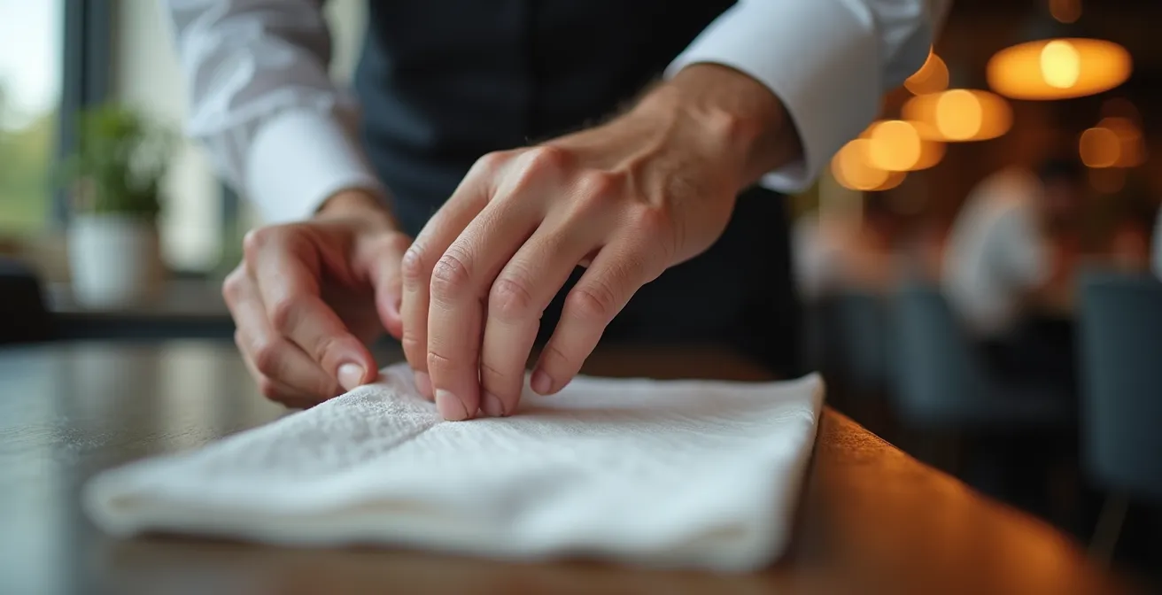 Main de professionnel examinant une serviette premium avec attention