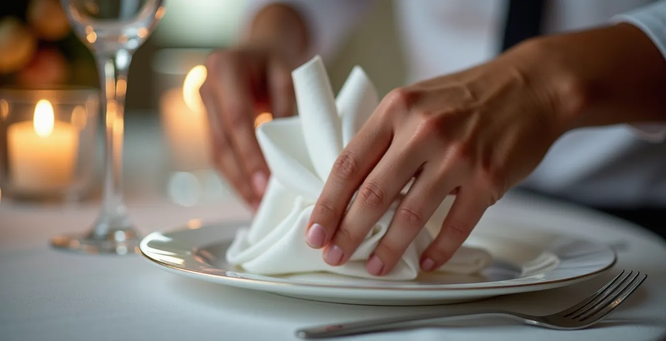 Mains d'invités manipulant délicatement une serviette professionnelle lors d'un mariage