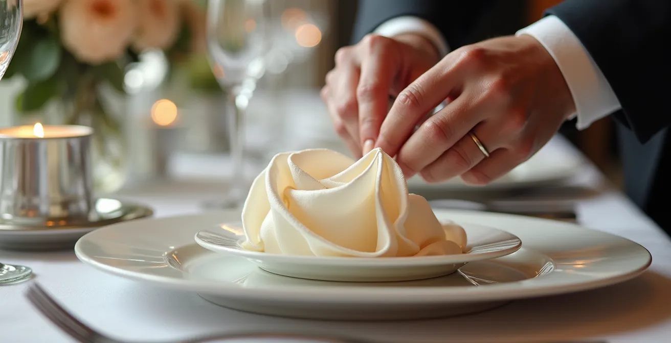 Pliage artistique élaboré d'une serviette en papier premium sur table de mariage