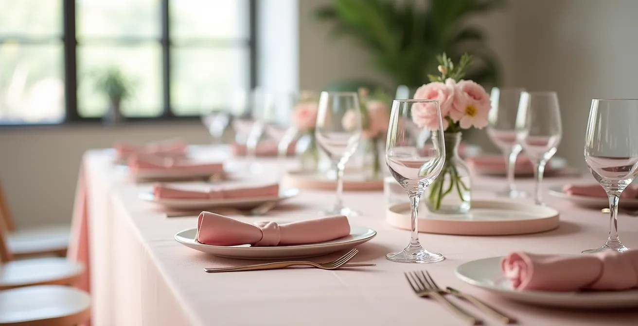Vue d'ensemble d'une table de mariage avec coordination chromatique parfaite